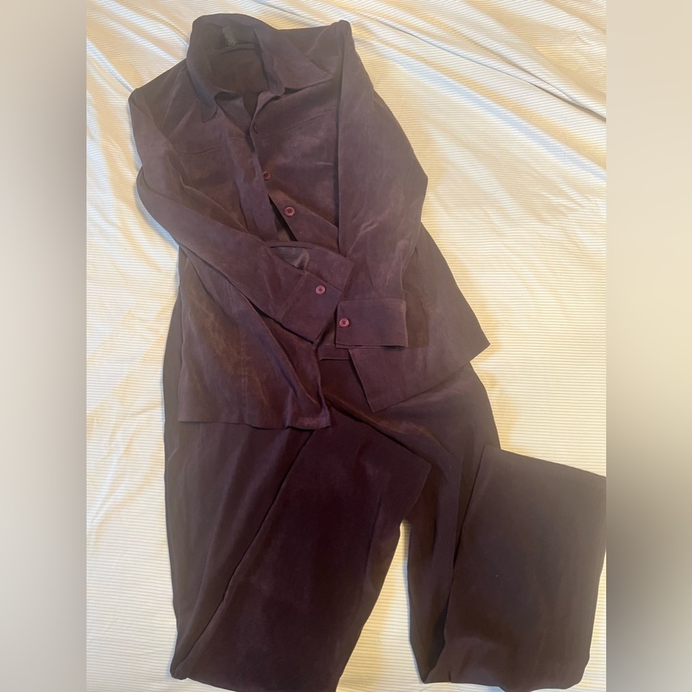 Express jacket/shirt,pants set Size m. Eggplant color, suede like plus free item